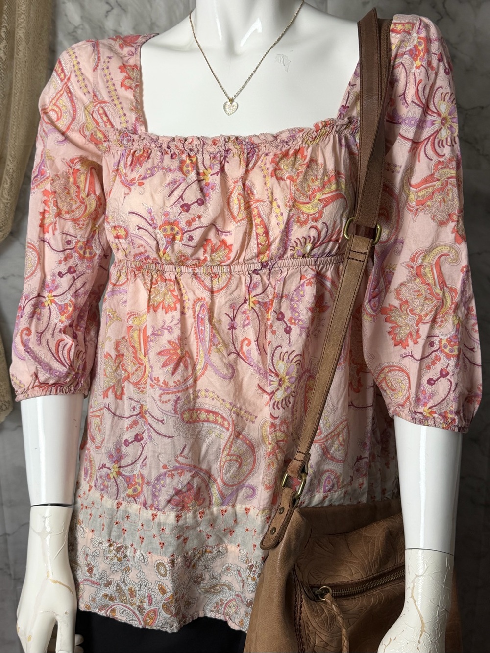 Paisley Peasant Blouse Peachy Pink Square Neck Western Romantic 100% Cotton L